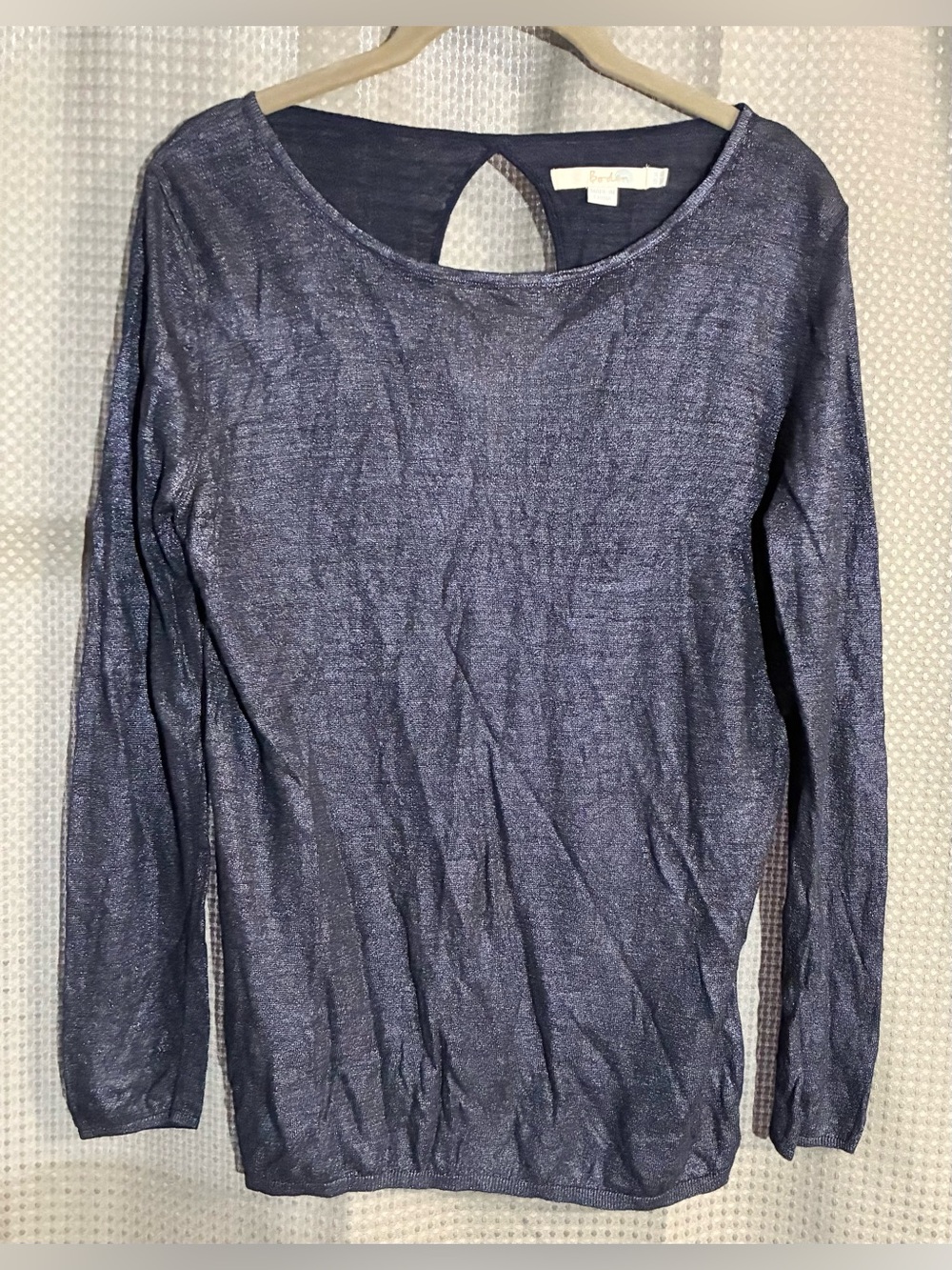 Boden Metallic Navy Shirt Top Sz 10 Keyhole Back Cut out Stretch Anthropologie